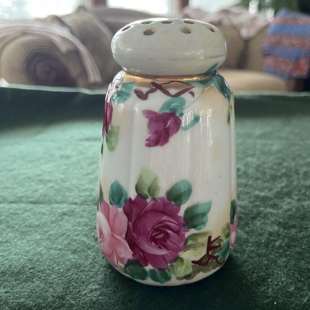 Vintage Porcelain Sugar Shaker Hand-Painted Roses Gold Details Stick Pin Holder
